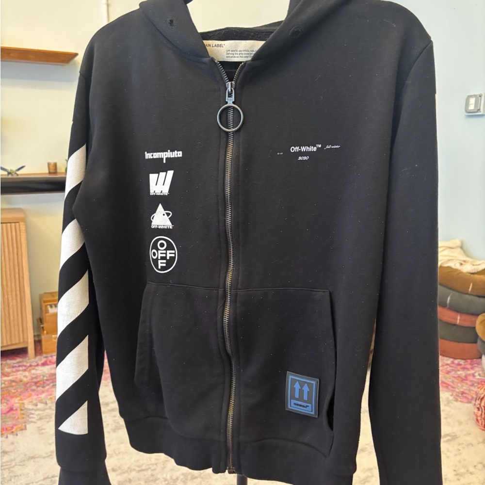 Off-White Black Zip Hoodie with White Graphics